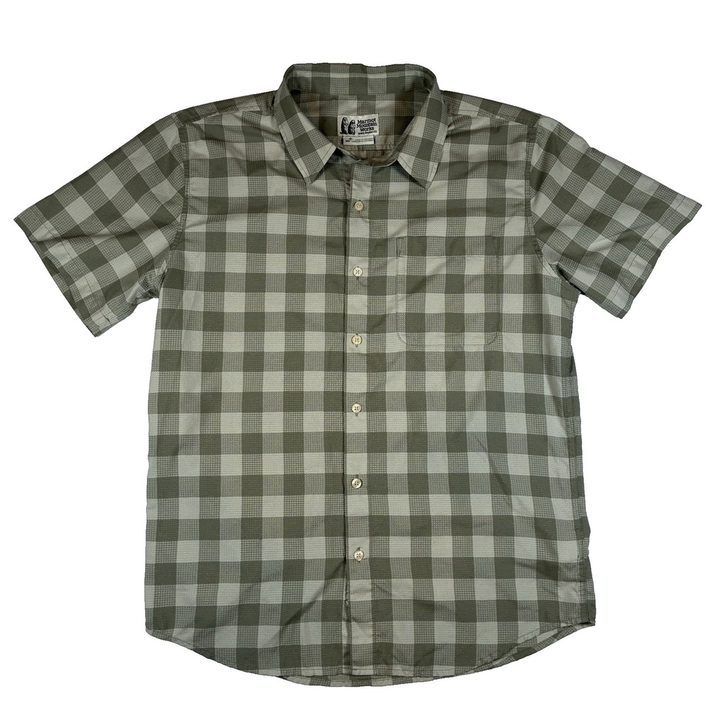 Marmot Shirt Mens M Green Plaid Polyester Short Sleeve Gorpcore Hiking Outdoor